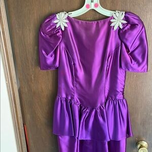 Alfred Angelo purple midi dress with faux pearls on low back and shoulders.